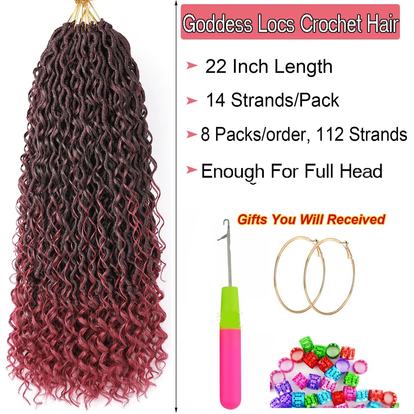 Ombre Burgundy Red Boho Goddess Locs Crochet Hair 22 Inch, 8 Packs New Faux Locs Crochet Hair With Curly Ends,Pre Looped Hippie Locs Crochet Hair For Women Synthetic Crochet Braids (22",Ombre TBUG)