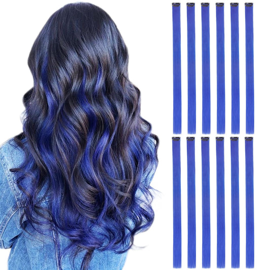 DOORES 22 Inch Colored Clip in Hair Extensions, 12 Pcs Blue Colored Hair Extensions Party Highlights Gift Scene Hair Extensions Birthday Gifts for Girls Synthetic Hairpiece Straight (Blue)