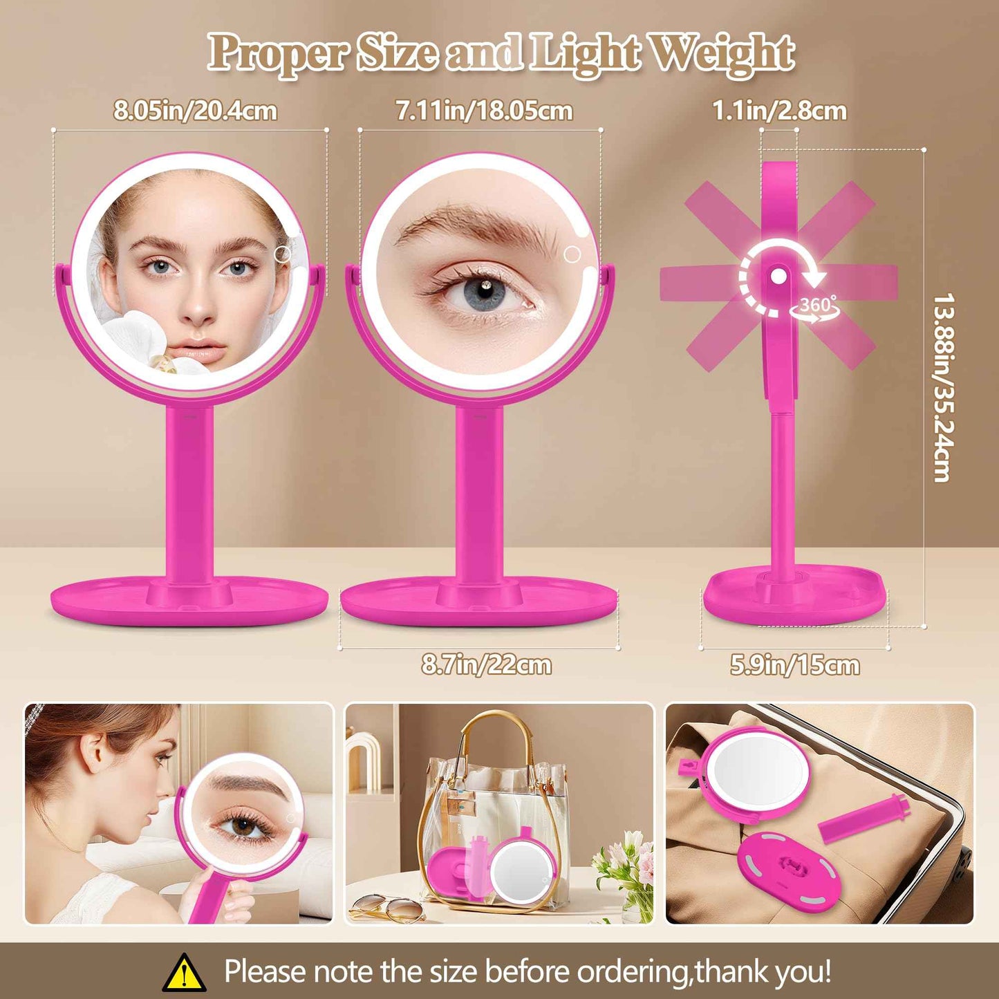 MOMOKUBA Makeup Mirror with Lights, Double Sided 1x/20x Magnifying Mirror with Light, Rechargeable 3 Color Lights and Adjustable Brightness, 360° Rotation Detachable Comes with Tweezer(Hotpink)