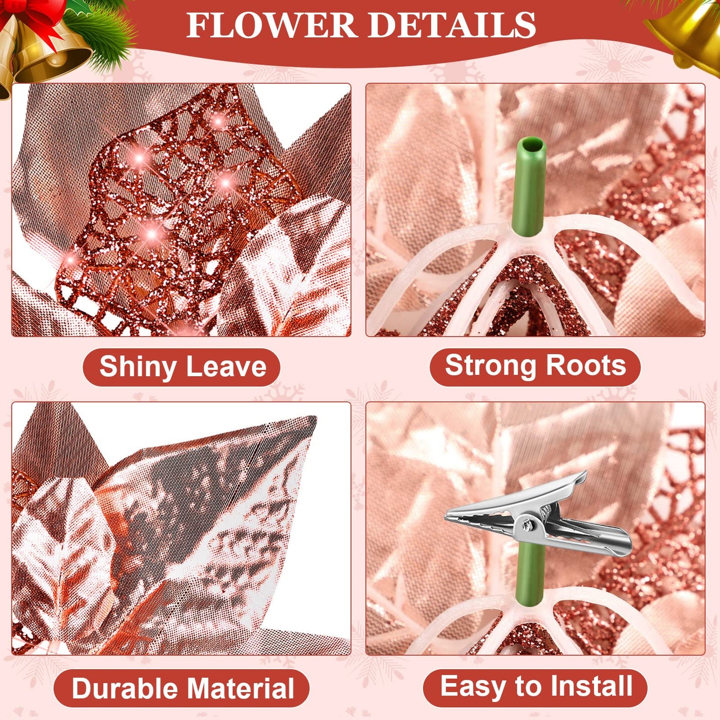 30 Pieces 8 Inches Large Christmas Artificial Poinsettia Flower Christmas Tree Glitter Faux Flowers Floral Wreath Garland Xmas Tree Ornaments for Wedding Holiday Wreath DIY (Rose Gold)