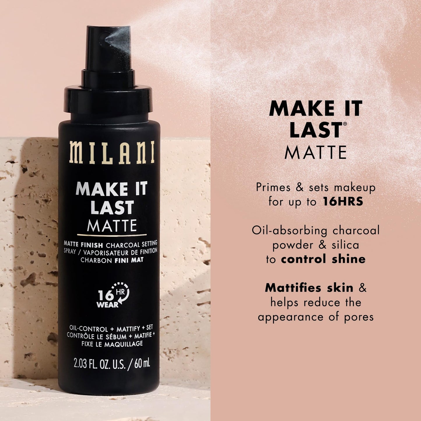 Milani Make it Last Matte - Matte Finish Charcoal Setting Spray - Cruelty-Free Makeup Primer and Setting Spray for Oily Skin - Long Lasting Finishing Spray - 2 Pack