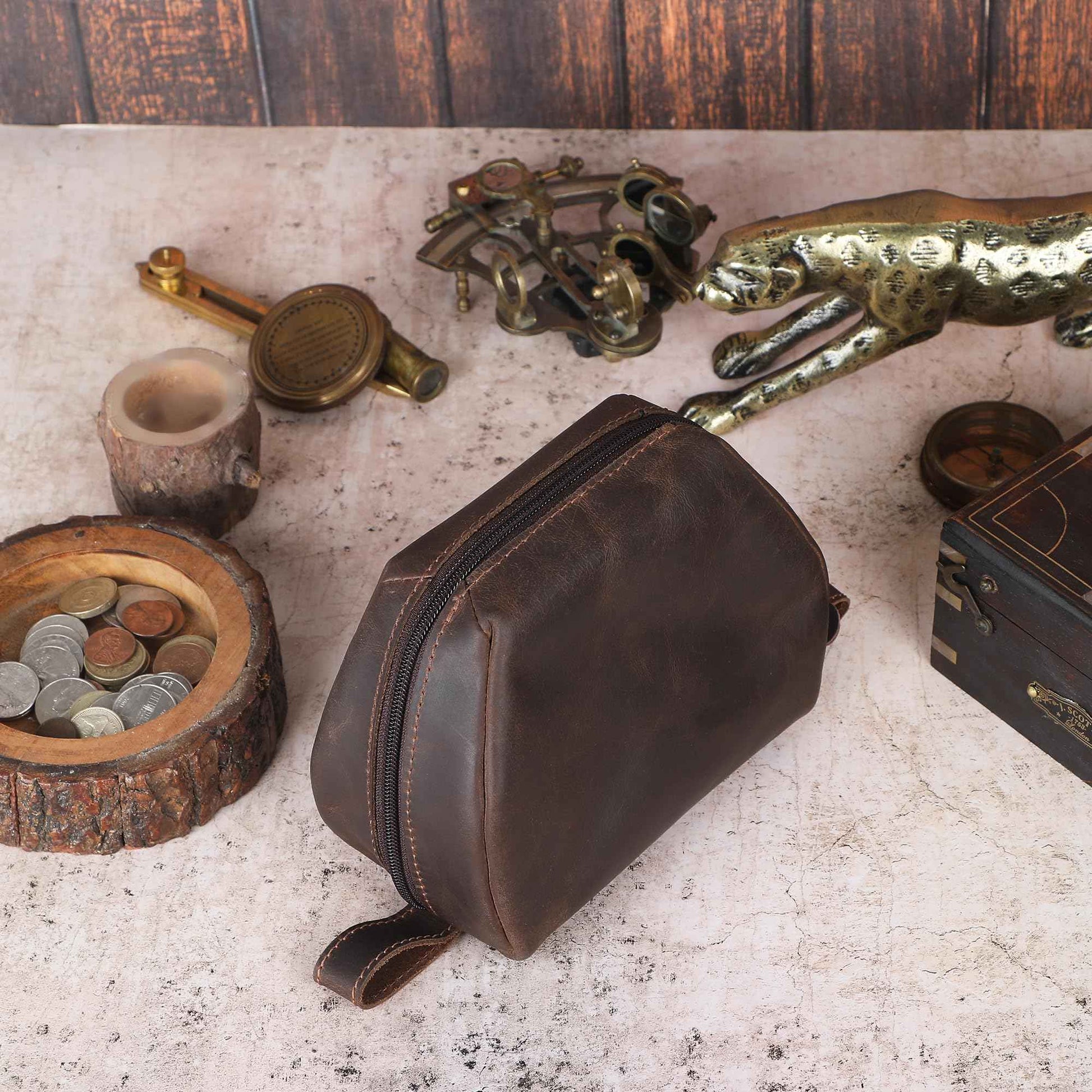 CestAntiQ Leather Travel Makeup Bag – Large Cosmetic Case with Brush Holders, Clear Toiletry Organizer for Women, Professional Makeup Pouch (Brown) (Small Toiletry Kit)