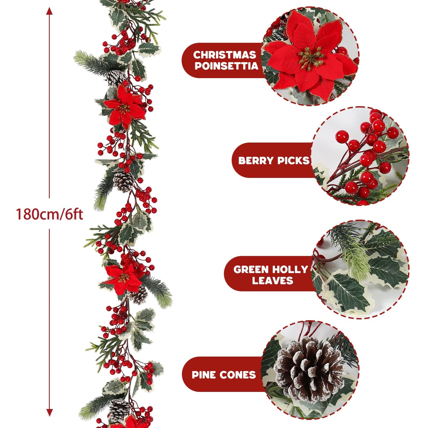 SOMYTING Christmas Garland 6FT Christmas Poinsettia Garland with Red Berries Holly Leaves Artificial Pine Needle Red Berry Garland Artificial Xmas Flower for Indoor Outdoor Christmas Decortions (2PCS)