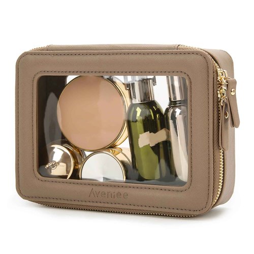 Aveniee Clear Makeup Bag Organizer, Travel Toiletry Bag Cosmetic Case for Women, Portable Make Up Skincare Pouch Car Organizer Bag with Zippers for Essentials,Taupe