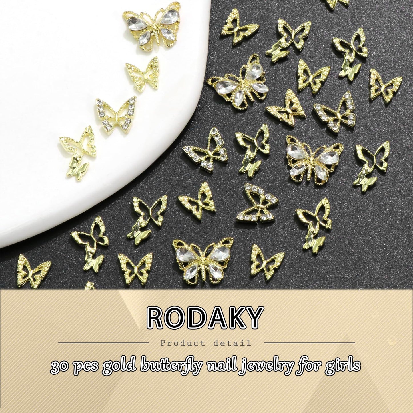 RODAKY 30PCS Butterfly Nail Charms Gold Butterflies Nail Art Jewelry 3D Butterfly Nail Gems Rhinestone for Nails Manicure DIY Accessories for Women and Girls