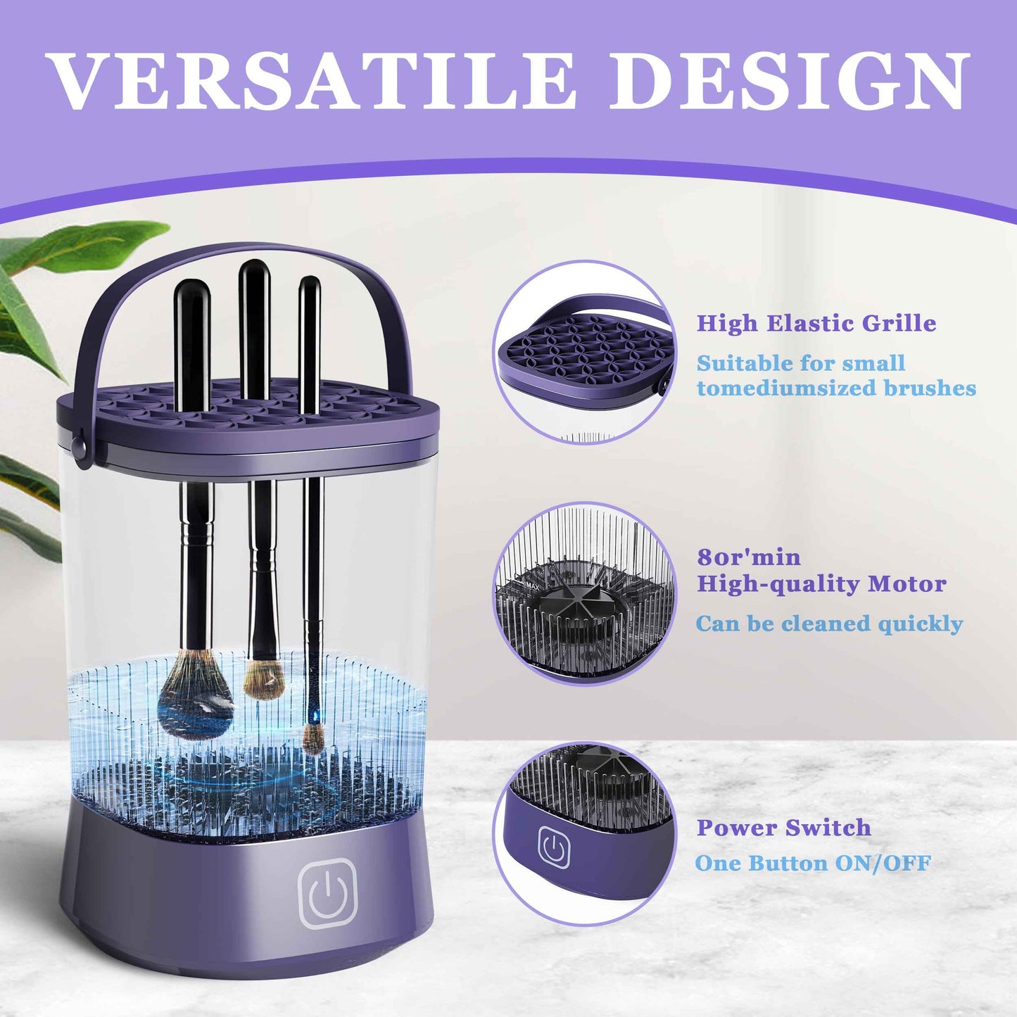 Electric Makeup Brush Cleaner Machine, Automatic Spinning Make up Brush Cleaner with 1200 mAh Rechargeable Battery, Portable Cosmetic Brush Cleaner Dryer Tool for All Size Makeup Brush (Purple)