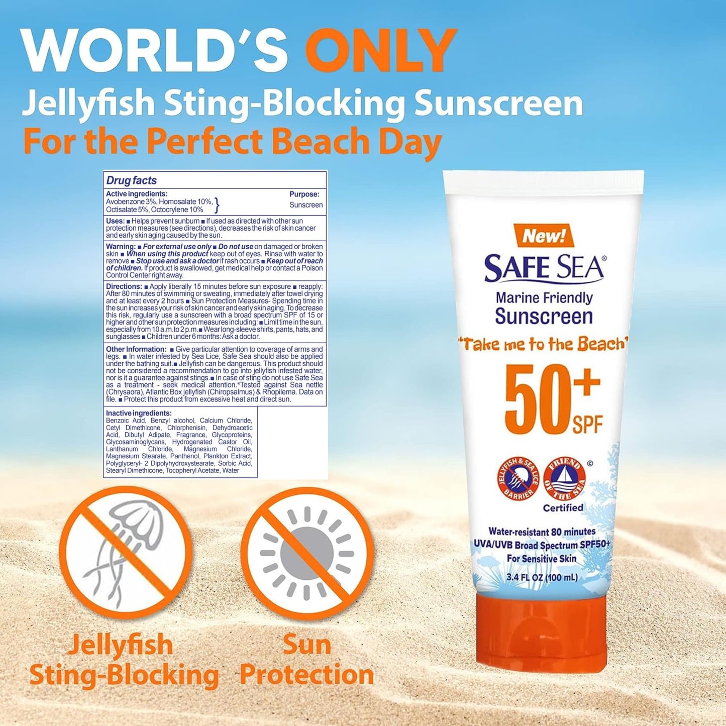 SAFE SEA Jellyfish Sting-Blocking Sunscreen, SPF 50+ travel Size Lotion, Waterproof, Biodegradable, Coral Reef-Safe, Body and Face Sunscreen, Anti-Jellyfish and Sea-Lice sting protection (Tube 3.4 oz)