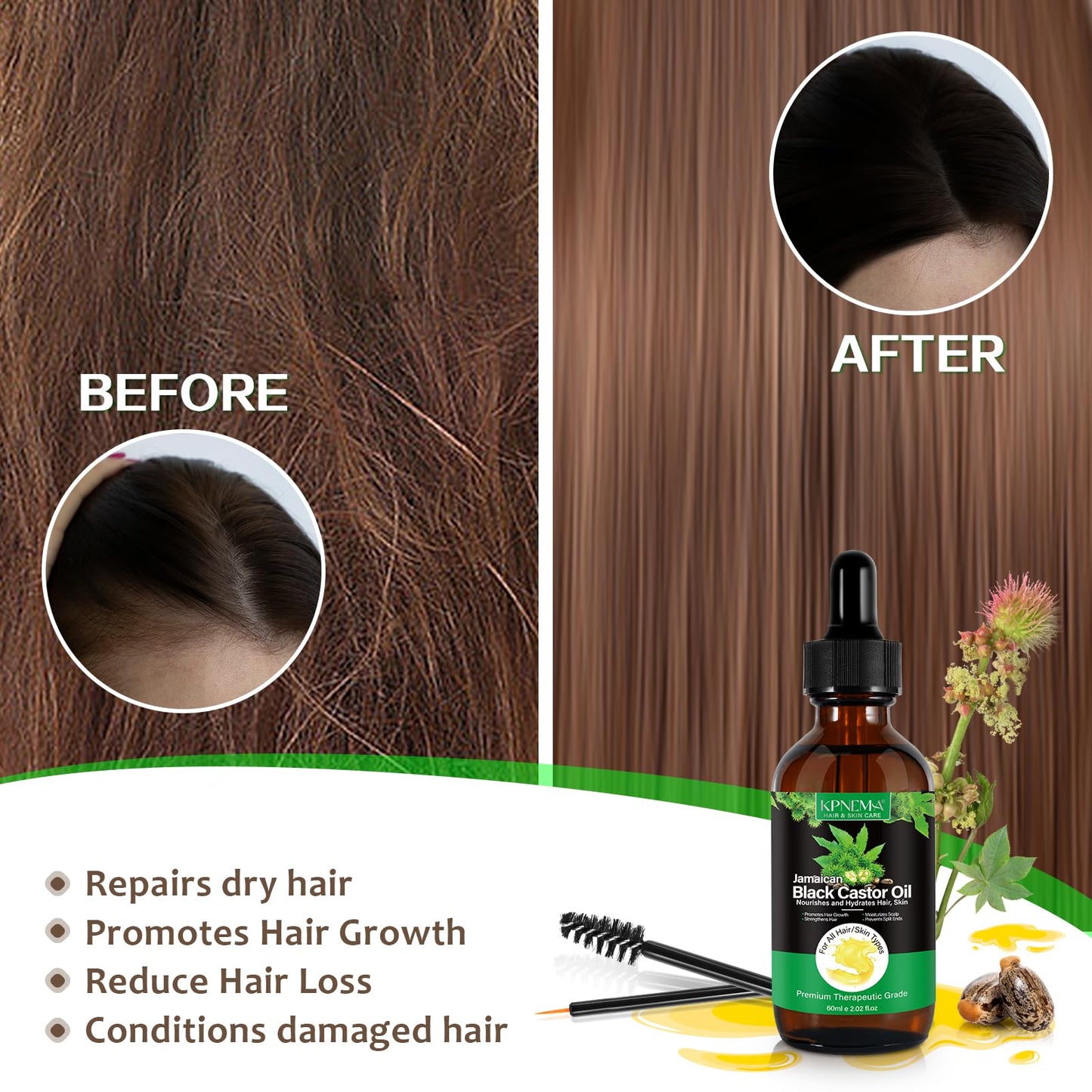 KPNEMA Jamaican Black Castor Oil for Hair Growth, Multipurpose Black Jamaican Castor Oil for Hair and Skin, Anti Breakage,Anti Split Hair,Organic Black Castor Oil(2.02 Fl Oz)