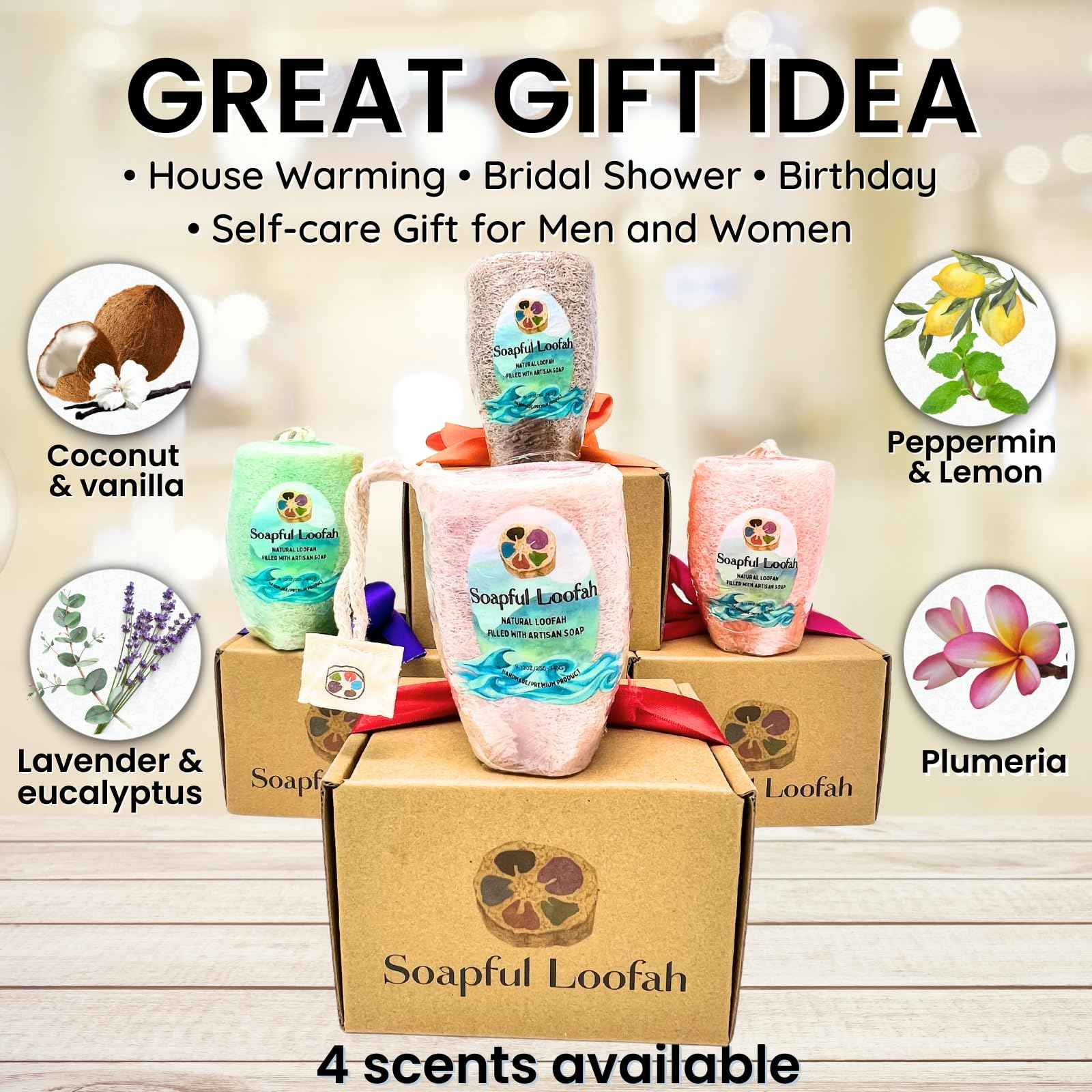 Soap Bar Loofah| Natural Loofah Sponge | Loofah Exfoliating Body Scrubber | 9-12 0z of Plumeria Scented Artisanal Handmade Natural loofah soap in a Disposable Shower Loofah