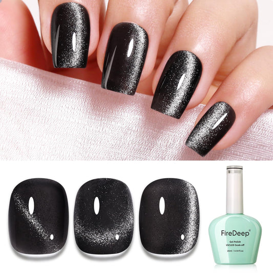 Firedeep Black Cat Eye Gel Nail Polish, 16ml Glitter Black Magnetic Gel Polish Holographic UV/LED Gel Polish with Magnetic Stick