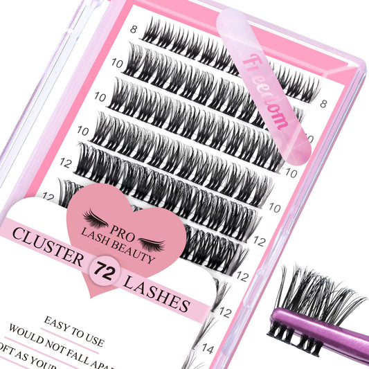 Cluster Lashes, 72 Pcs Individual Lashes, Lash Clusters DIY Eyelash Extension, Super Thin Band Reusable Soft & Comfortable (Freedom-D-8-16mix)