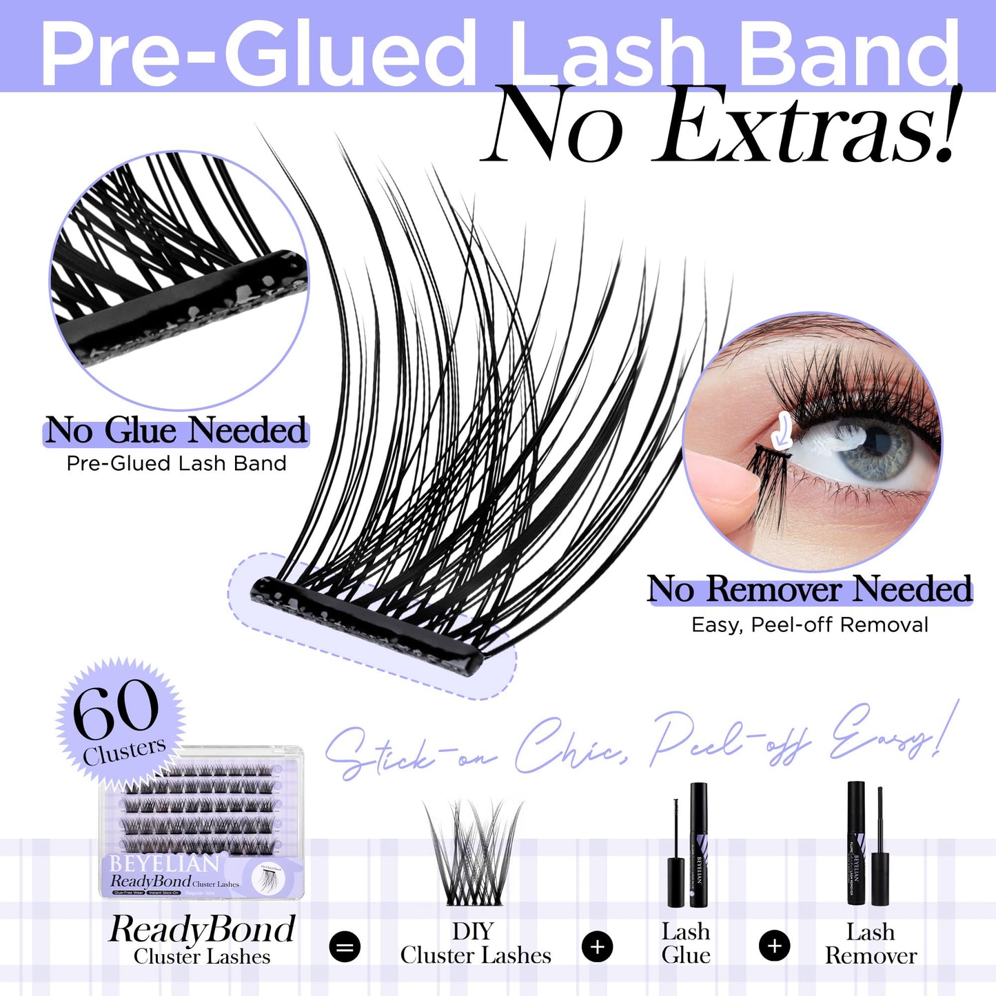 BEYELIAN Self Adhesive Lash Clusters Kit D+ Curl Press-On No Glue Needed DIY Lash Extension Reusable Cluster Lashes Fuss Free No Sticky Residue Self Application at Home 10-16mm 60 Pcs (R01)