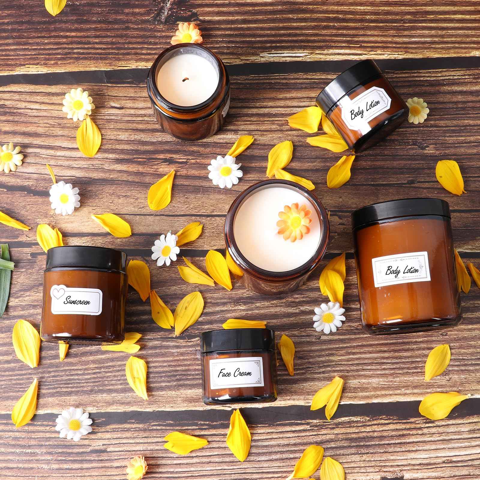 3 Pack 2 oz Amber Glass Jars with lids, Cosmetic Jars with Inner Liners and Black Lids, Lotion Jars, Candle Making Jars for Lotions, Scrubs and Cosmetic, Lables and Spatulas Include