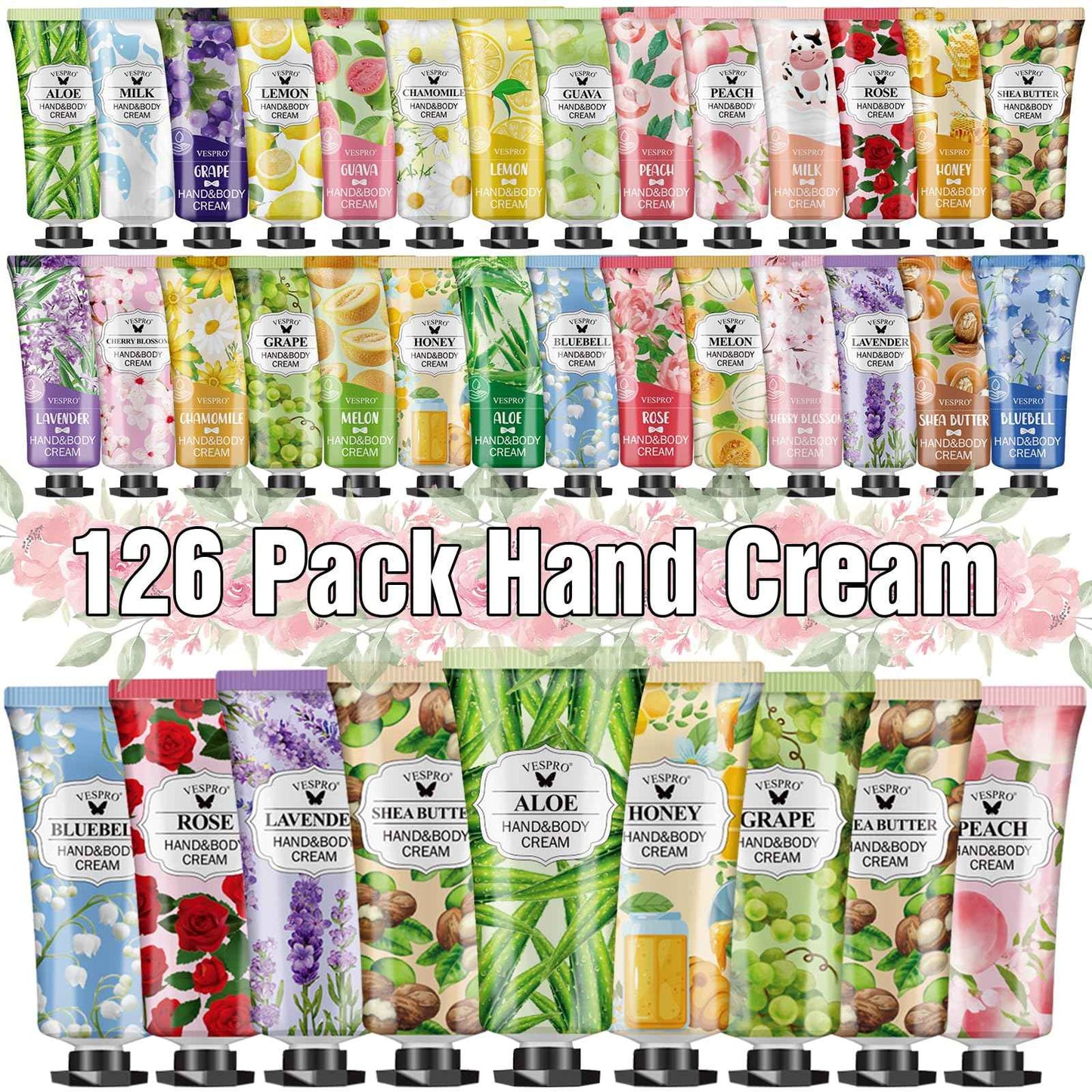VESPRO 126 Pack Hand Cream Set, Stocking Stuffers for Women, Bulk Hand Lotion Travel Size for Dry Cracked Hands, Mini Hand Lotion for Christmas Gifts, Bridesmaid Gifts, Employee Appreciation Gifts