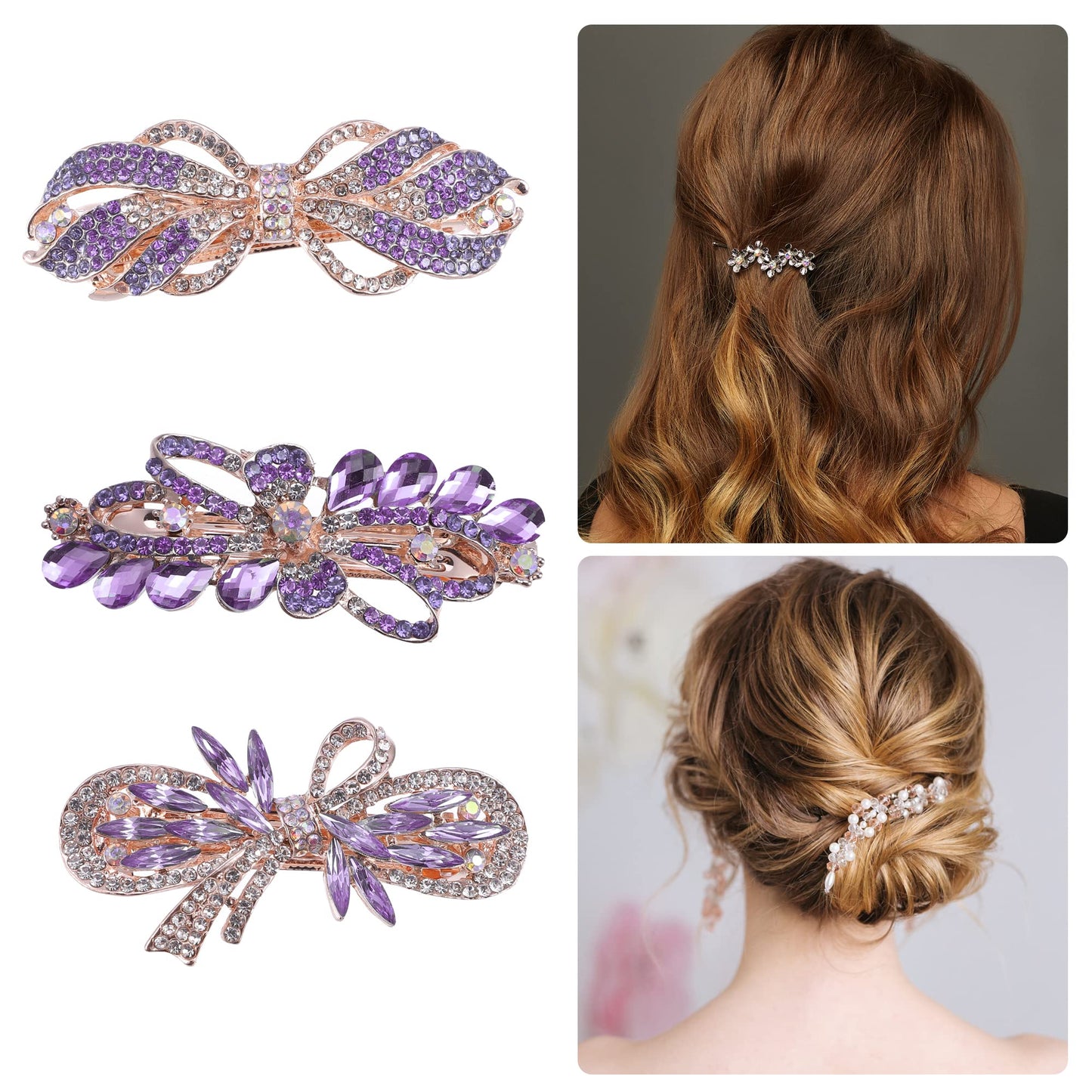 VOCOSTE 3 Pcs Hair Barrettes, Hair Accessories for Women, Hair Clips, Sparkly Glitter, Rhinestones Hairpin, Purple