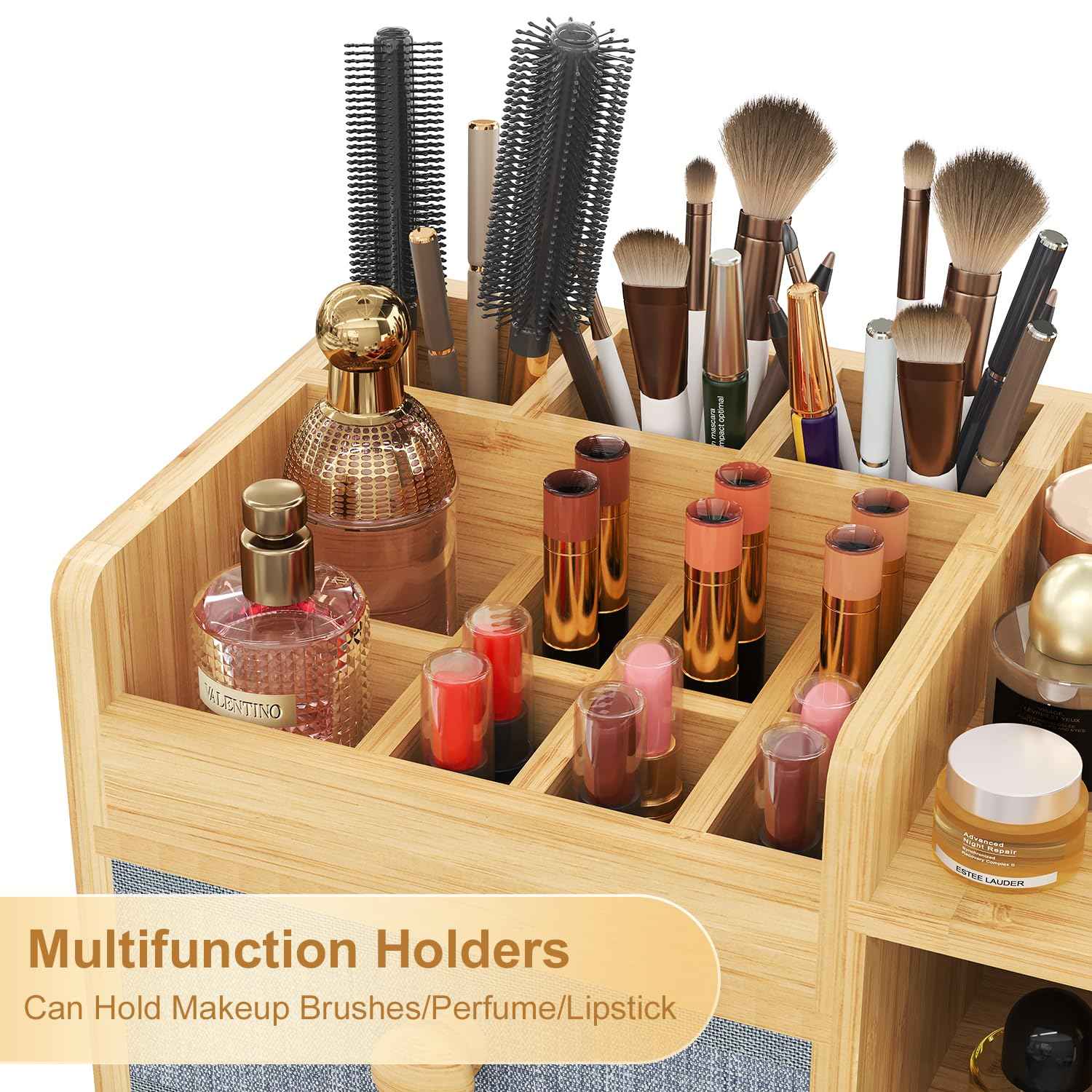 Large Makeup Organizer Countertop For Vanity Dresser, Bamboo Bathroom Counter Organizers And Storage,Cosmetic Skincare Perfume Organizer With 3 Makeup Brush Holder/2 Drawers/5 Shelves /8 Compartments