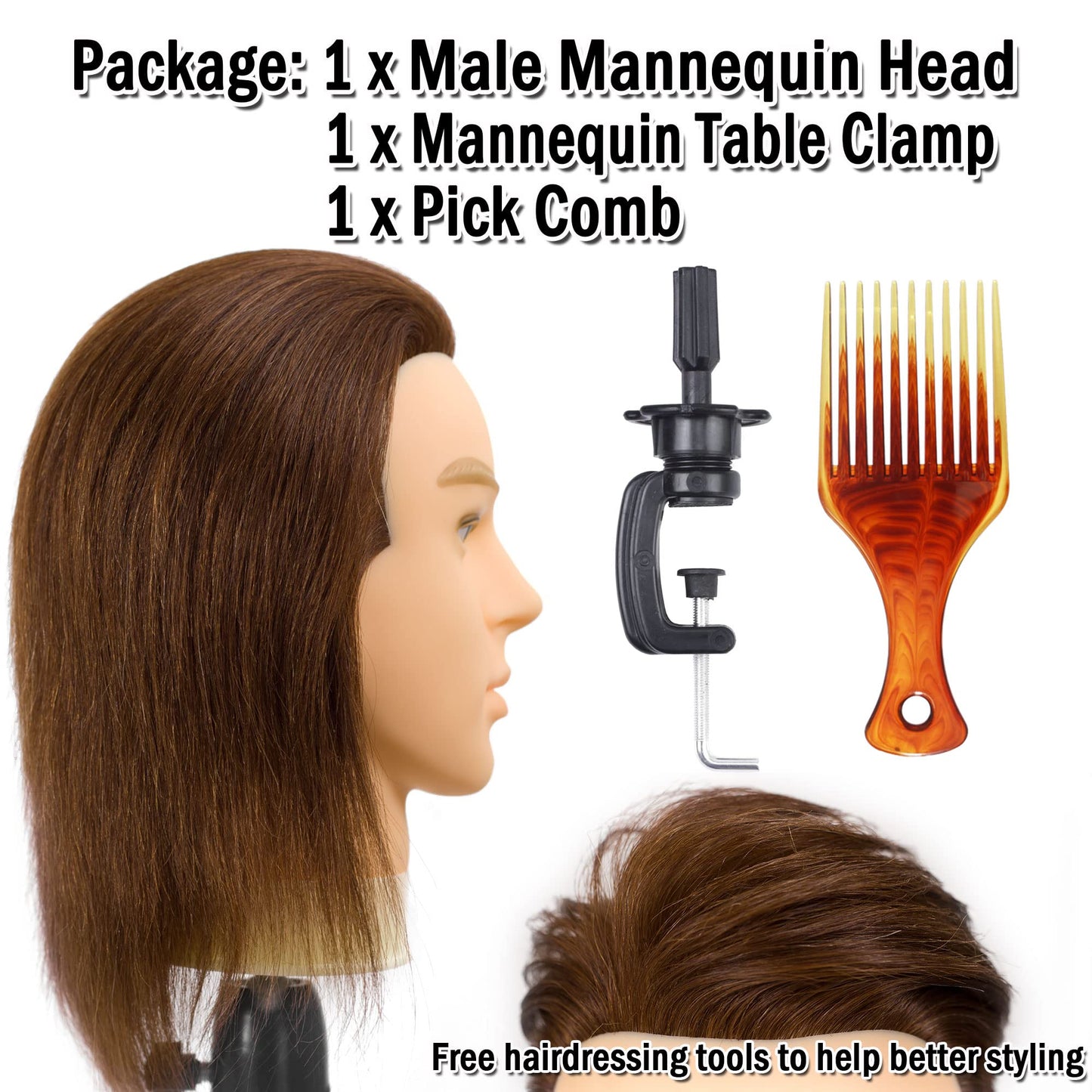 DIRUISI Male Mannequin Head with 100% Human Hair Haircut Training Head Hairdresser Manikin Head Doll Head for Hair Styling and Practice (8Inch 3B#)