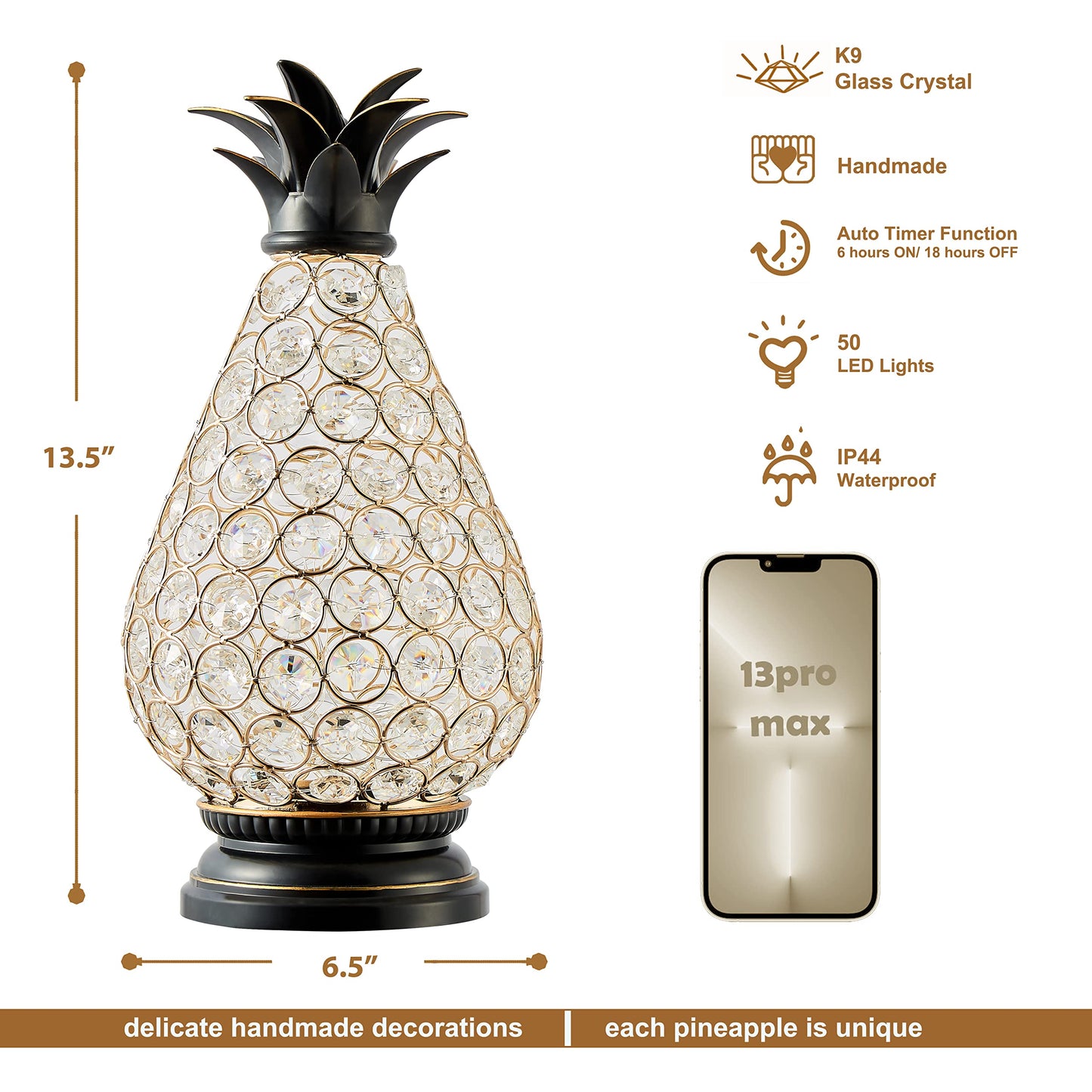 MOZEAL Extra Large Crystal Pineapple Lamp,13 in Lantern Decorative,IP44 Waterproof,6 Hours Timer,Battery Operated,As a Gift,for Farmhouse/Garden/Outdoor/Patio/Porch/Table/Backyard/Mantle Decor