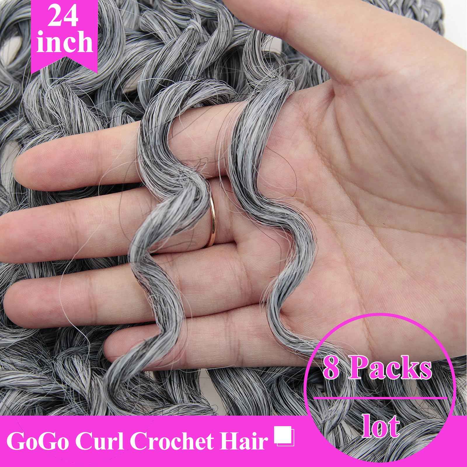 XSASLYET 24 Inch Crochet Hair for Black Women - Natural Look Deep/Water/Ocean Wave, Tangle Free Gogo Curl, Lightweight Pre Looped Curly Braids, Long Use, Easy Install, Daily Wear(8 Packs, T/Grey)
