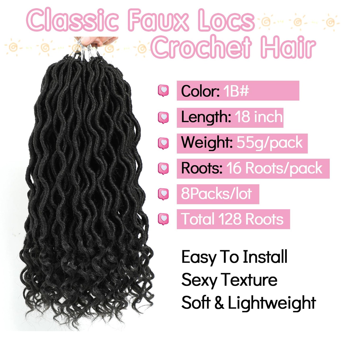 Karida Faux Locs Crochet Hair 18 Inch, 8 Packs Pre Looped Goddess Locs Crochet Hair, Wavy Crochet Faux Locs With Curly Ends, Boho Faux Locs Crochet Hair For Black Women (18 inch, 1B#)