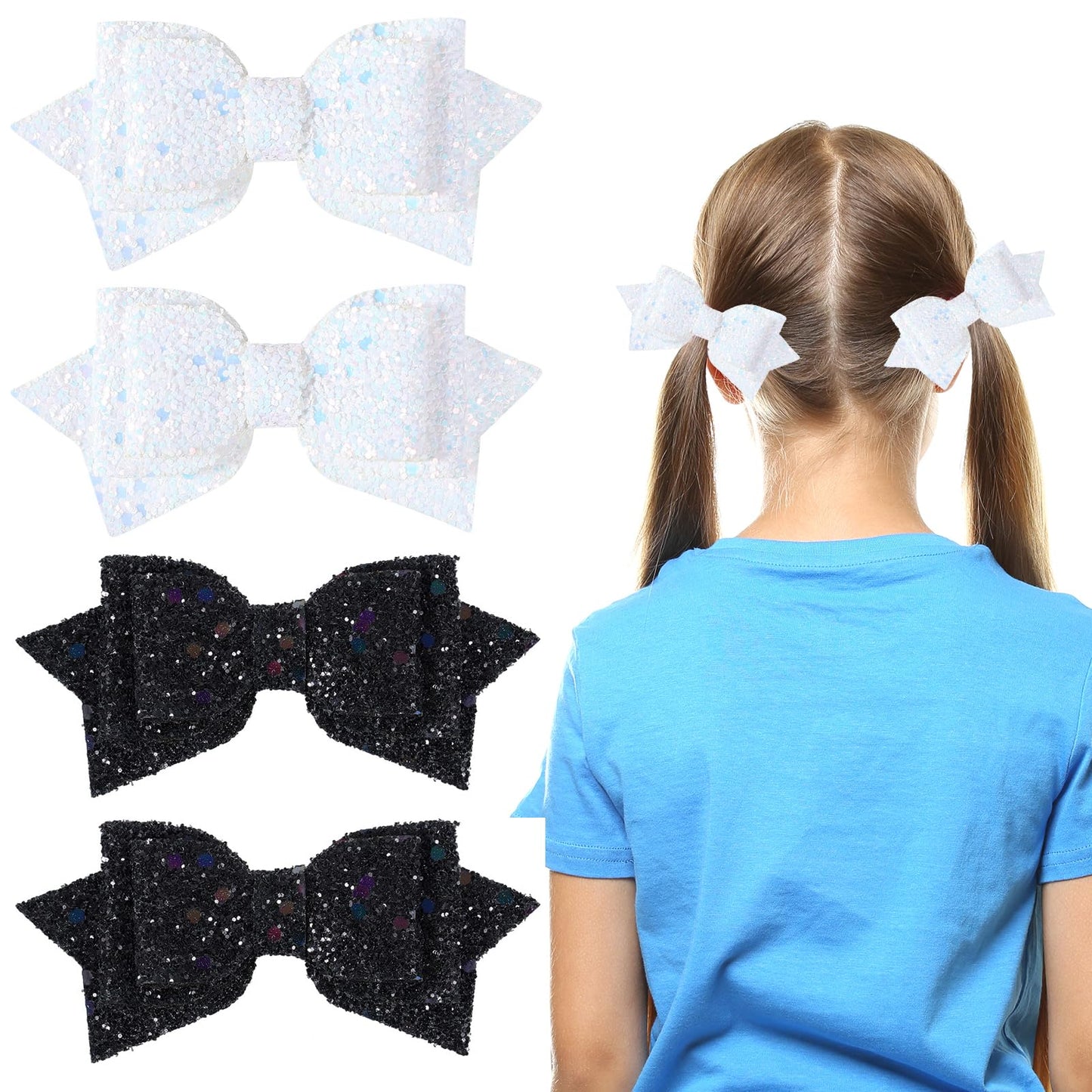 4 In Glitter Hair Bows Clips Sparkly Cheer Bow-knot Alligator Barrettes Hairpins for Girls,Teens,Toddlers, Kids, Children,Handmade Hair Decoration Accessory in Paris Black White