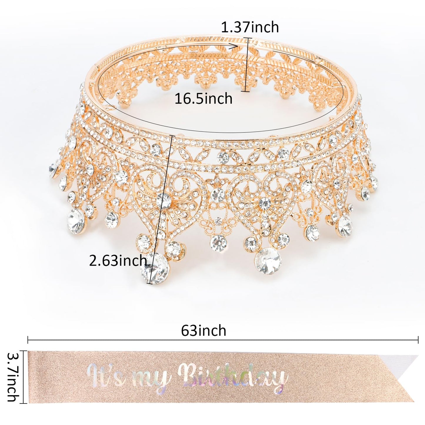 Aprince Birthday Crown and sash for Women Rose Gold Happy Birthday Crown Birthday Sash and Tiara for Women Crown Cake Topper Crowns for Women Birthday Accessories for Party Crown Headband