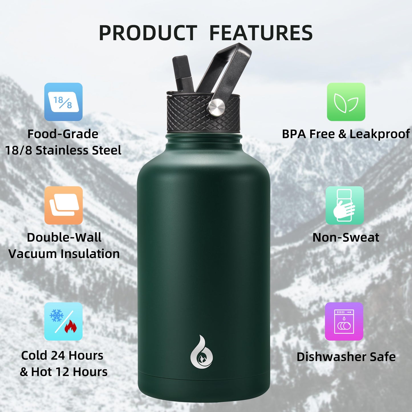 BJPKPK Half Gallon Insulated Water Bottles with Straw Lid,64oz Large Water Bottle,Stainless Steel Water Bottles with 3 Lids and Paracord Handle, Water Bottle for Hot & Cold Liquid, Army Green