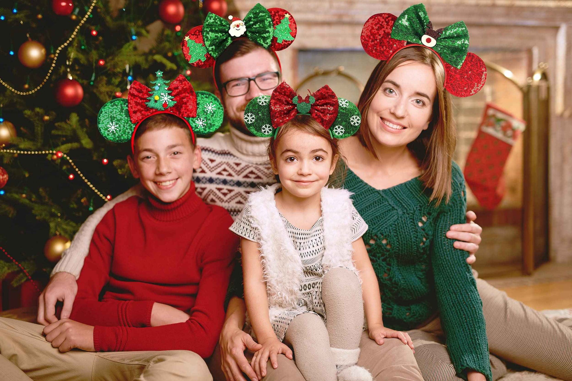 Mannxitzdy 6 Pcs Christmas Mouse Ears Bow Headbands Christmas Tree Hair Hoop Sparkle Mouse Ears Headband for Women Girls Birthday Party