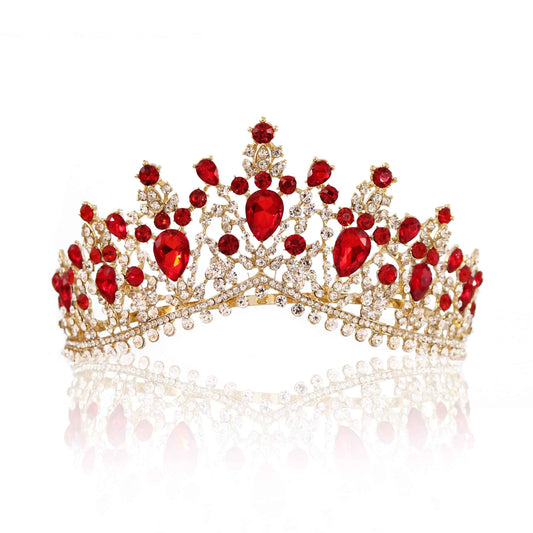Vintage Baroque Ruby Crown for Brides Crystal Hair Accessory Wedding Bridal Hair Decor Gifts,Gold Red