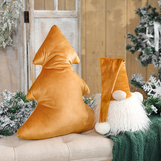 Phantoscope Pack of 2 Merry Christmas Decorative Throw Pillows Xmas Tree and Gnome Soft 3D Shaped Cushion, Gold, 18 x 20 & 6.5 x 11 inches