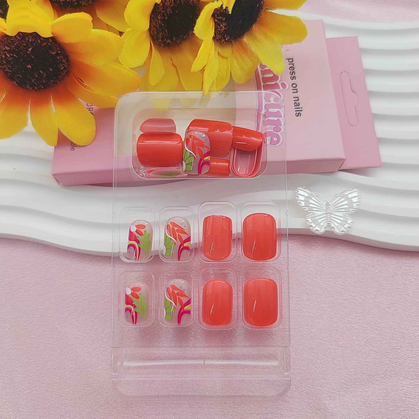 Summer Press on Nails Square False Nails with Colorful Flower Designs Short Fake Nails Orange Nails Press ons Cute Acrylic Nails Glossy Glue on Nails Artificial Stick on Nails for Women 24 Pcs