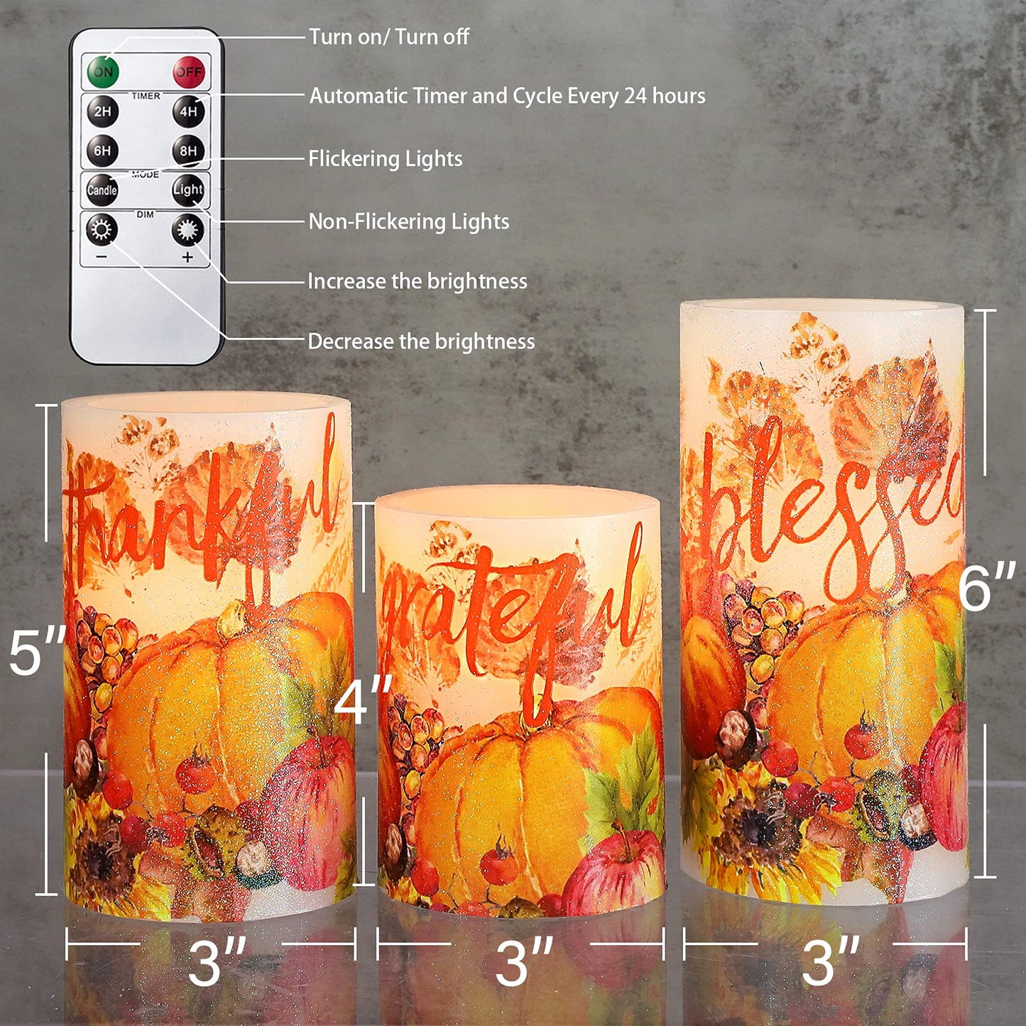 REVELBUNNY Thanksgiving Flameless Candles Maple Leaf Pumpkin LED Candles with Remote Timer Battery Operated Pillar Candle for Thanksgiving Autumn Harvest Halloween Party Decorations - Set of 3