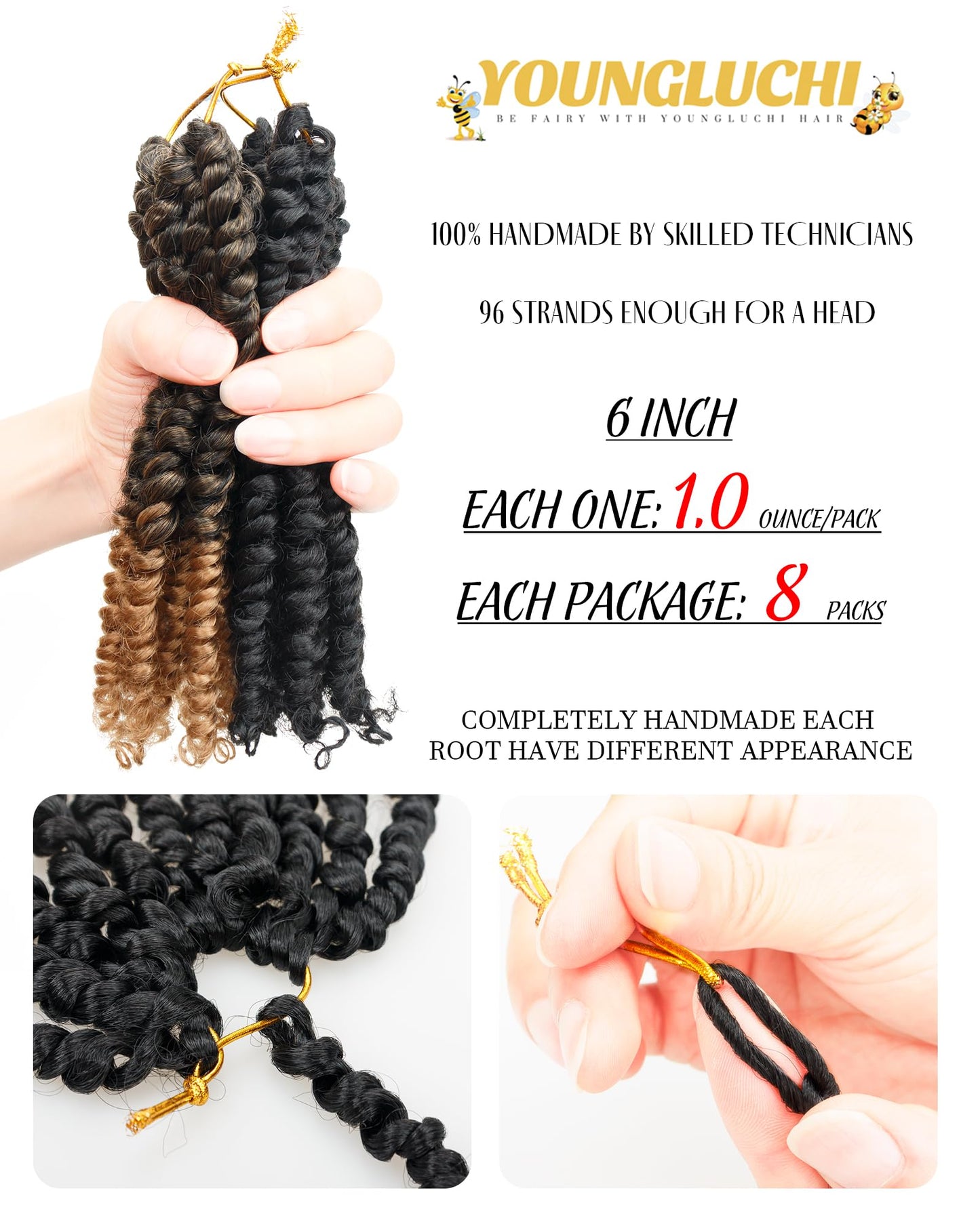 6 Inch 8 Packs Passion Twist Crochet Hair For Black Women and Kids,Mixed Colors Combo Pack,Pre Looped Pretwisted -Extensions Braided by Synthetic Spring Kinky Twist Crochet Hair (1B+T1B/27)