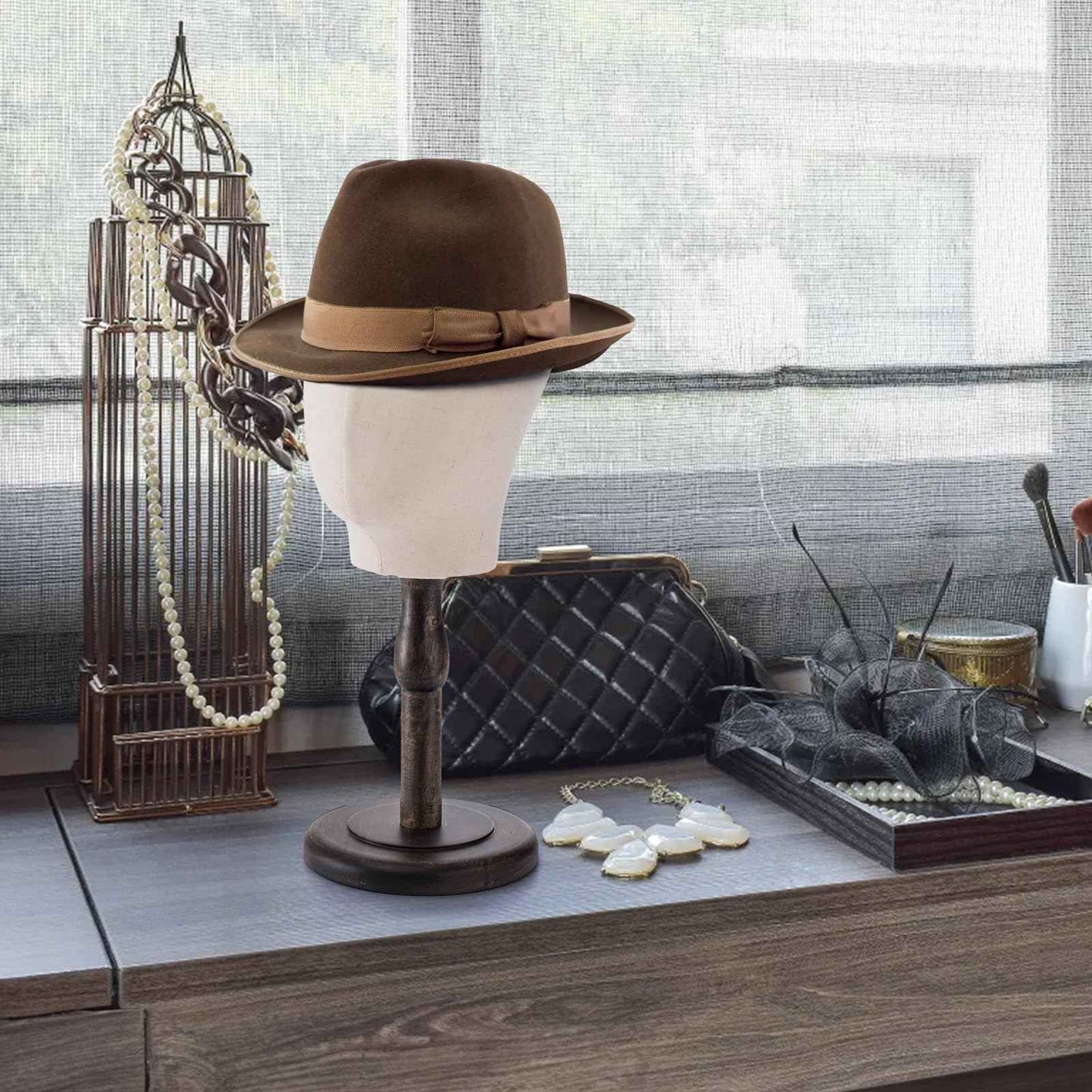 Peohud 21 Inch Mannequin Head, Canvas Wig Stand with Head, Linen Dome Model Head with Detachable Wood Stand for Hats, Caps, Headdress, Wig Making, Headband Display