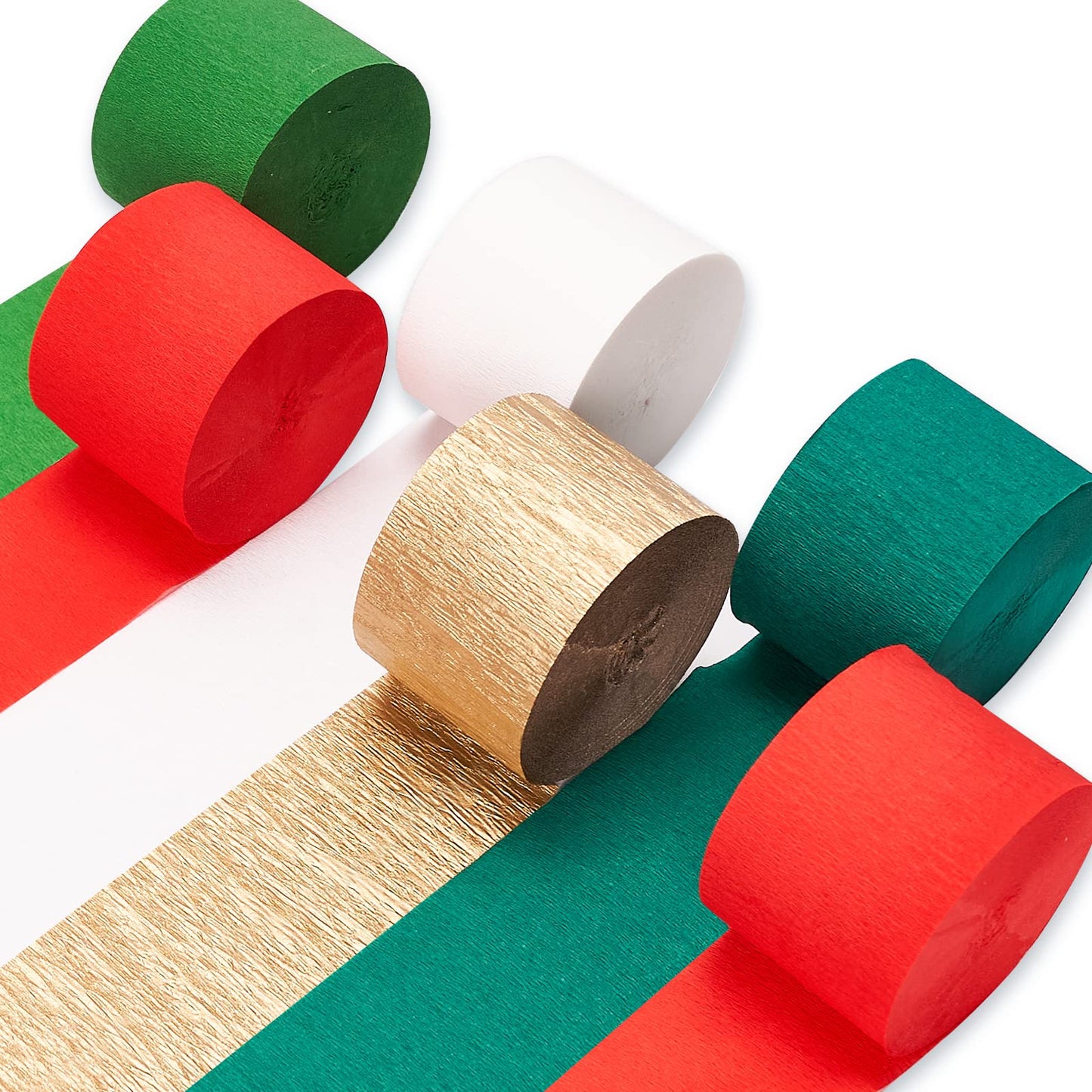 PartyWoo Crepe Paper Streamers 6 Rolls 492ft, Pack of Green, Red, Gold, White Party Streamers for Christmas Decorations, Streamers Party Decorations, Holiday Decorations (1.8 Inch x 82 Ft/Roll)