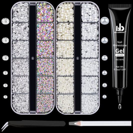 Nail Art Rhinestone Glue Gel&2 Boxes Flatback Gems Accessories Kit, 1 Tube of 15ml Rhinestone Gel Glue(UV/LED Needed)+Round AB&Clear Gems+Flat-back Half Round White&Beige Pearls with Pickup Tools