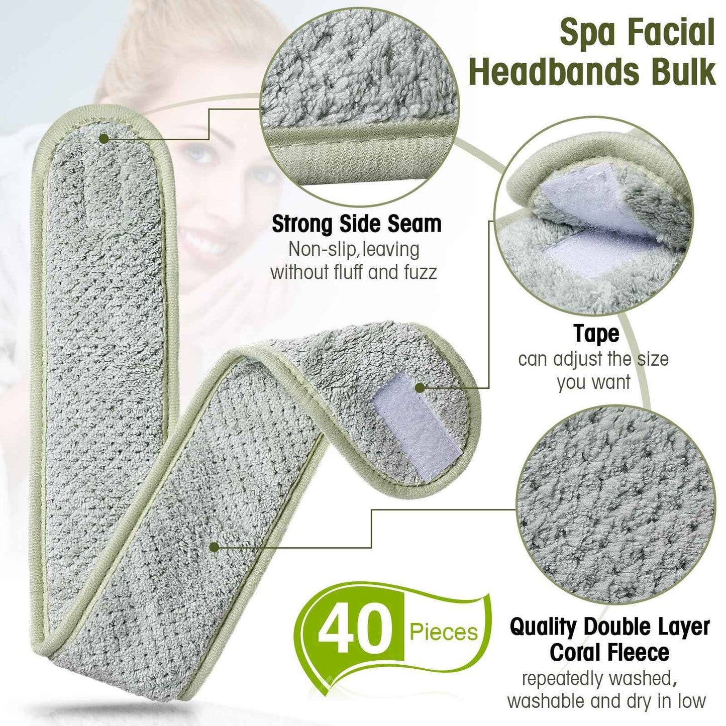 Geosar 40 Pcs Spa Headbands Bulk Spa Facial Headbands Adjustable Face Washing Headband Head Wrap Makeup Hair Wrap Double Layer Coral Fleece Hair Band for Bath Shower Sports Yoga