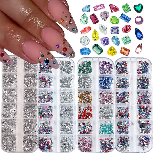 ONPRESS 4Boxes/48Gird 4000Pcs Colorful Rhinestones Nail Art Charms 3D Flatback Rhinestones for Nails Art Design Heart Star Flower Nail Diamonds Kawaii Nail Crafts Acrylic Diamonds for Women Manicure
