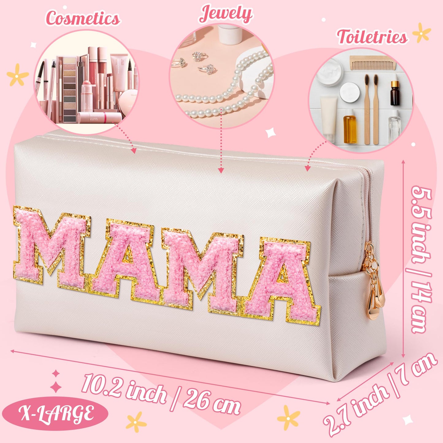 Y1tvei Preppy Patch Extra Large Mama Varsity Letter Makeup Bag Pink Chenille Letter PU Leather Waterproof Portable Cosmetic Toiletry Bag Zipper Organizer Mama to Be Mother's Day Birthday Gift for Mom