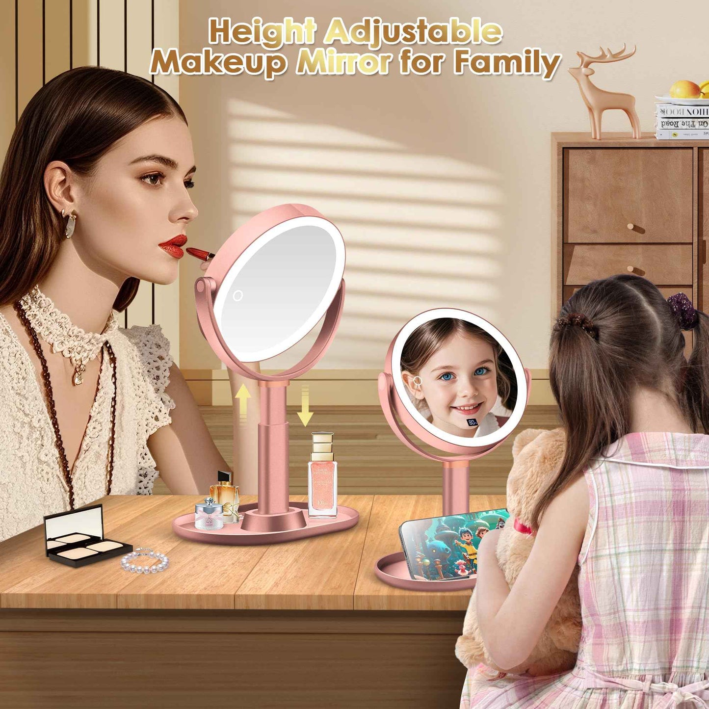 MIYADIVA Makeup Mirror with Lights, 30X/1X Magnifying Mirror with Digital Display, Height Adjustable Tabletop Mirrors, Detachable for Travel, Vanity Mirrors with Phone Holders, Rose Gold