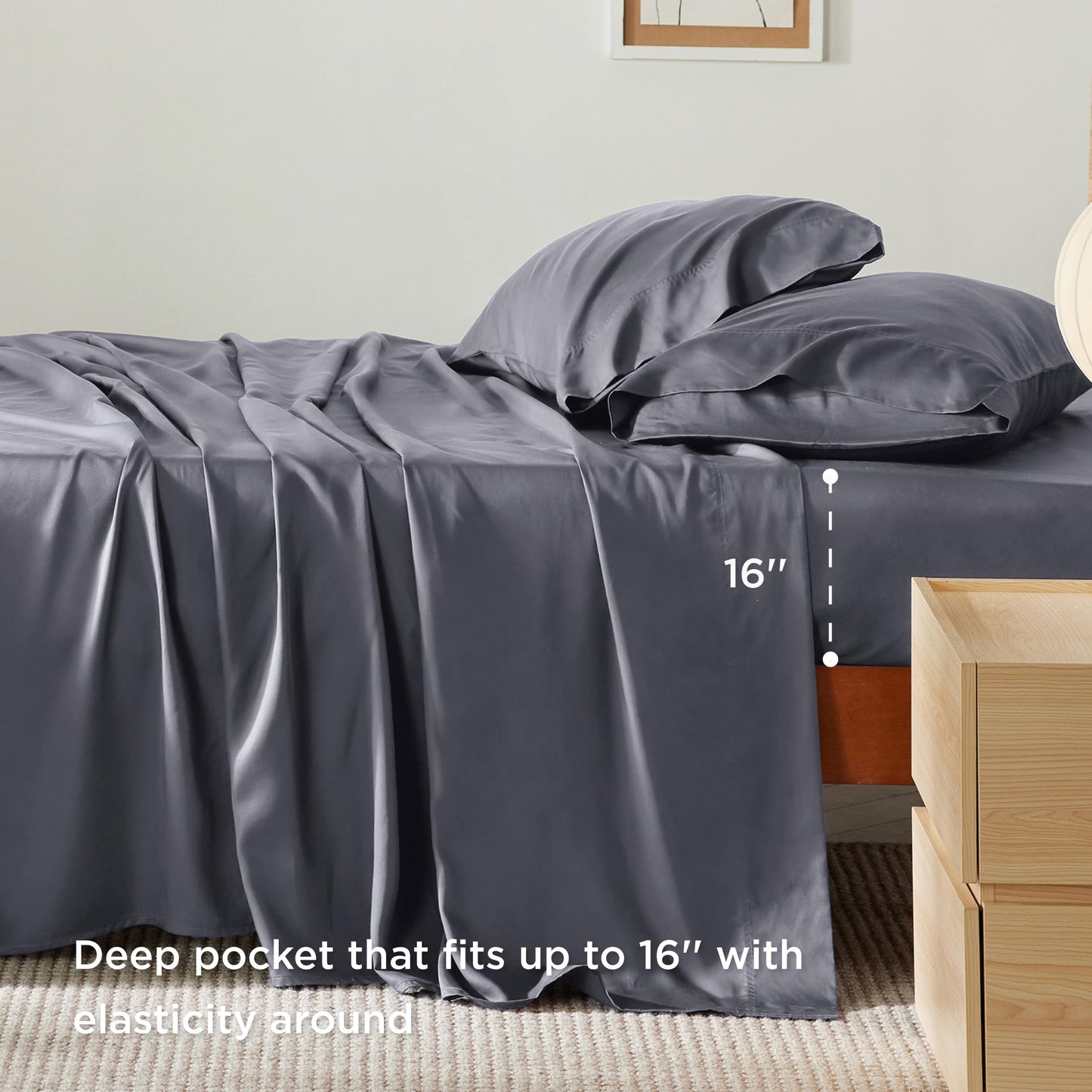 Bedsure Cooling Sheets for Full Size Bed, Viscose Derived from Bamboo, Deep Pocket up to 16", Breathable Soft Bed Sheets & Pillowcases, Dark Grey