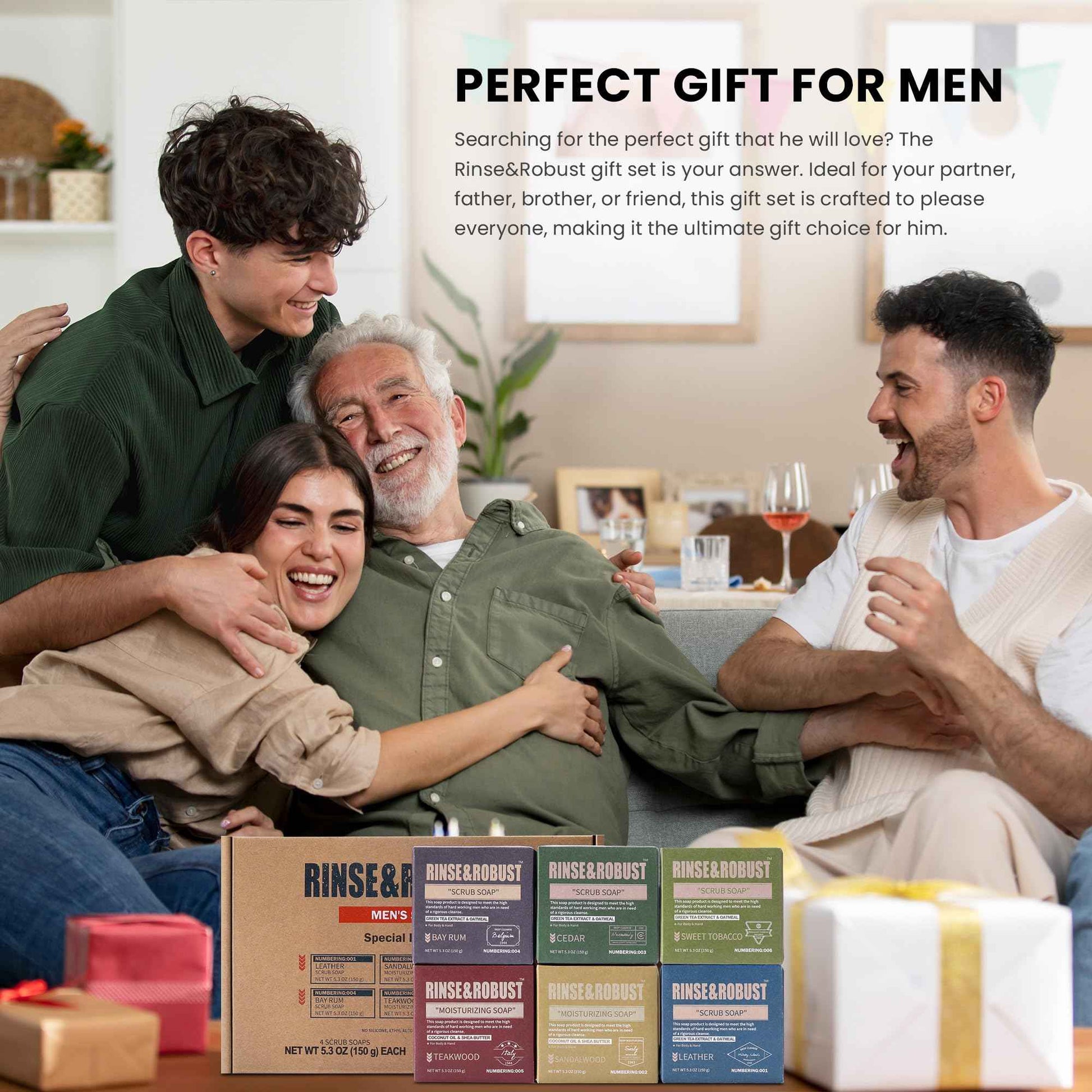 Rinse & Robust Mens Natural Bar Soap 6Pcs Handmade Cleansing Moisturizing&Exfoliating Scrub Soap Set Gifts for Men Body&Hand All Skin Type 6 Different Scents 5.3 oz of 6 Bars