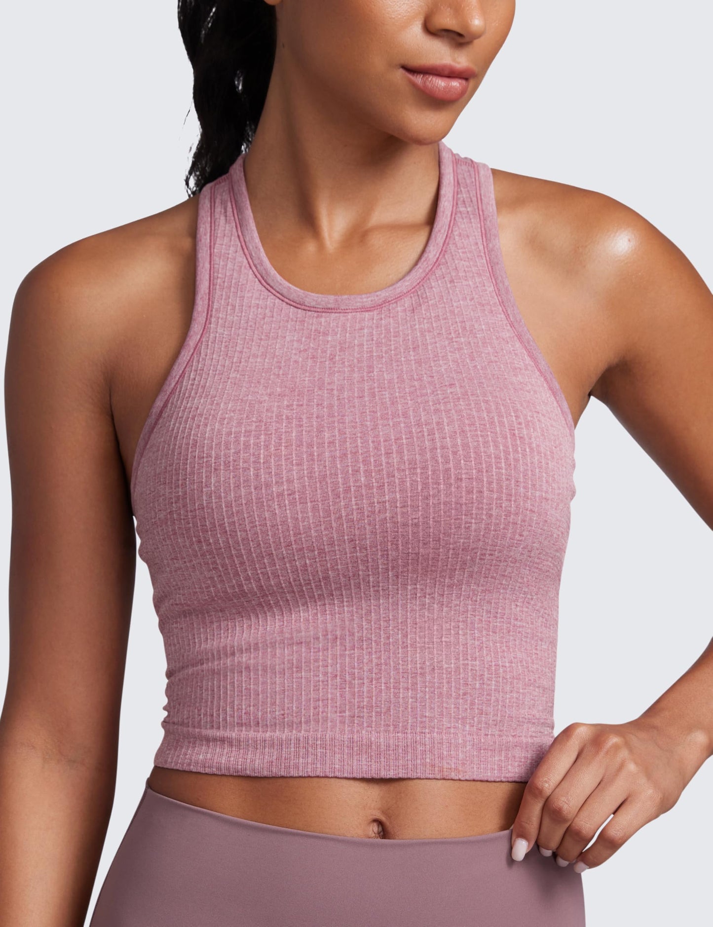 CRZ YOGA Womens Seamless Ribbed Longline High Neck Sports Bra - Racerback Padded Slim Fit Crop Tank Top with Built in Bra Misty Merlot Heather XX-Small