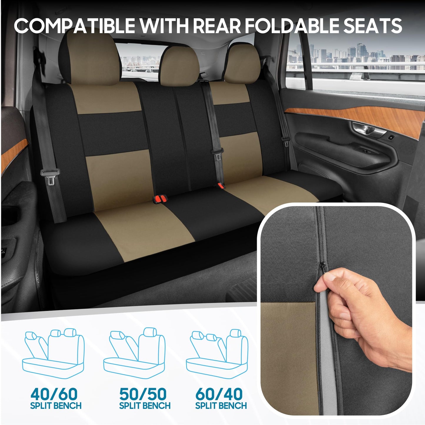 BDK PolyPro Seat Covers Full Set in Beige on Black – Front and Rear Split Bench Seat Covers for Cars, Easy to Install , Car Accessories for Auto Trucks Van SUV