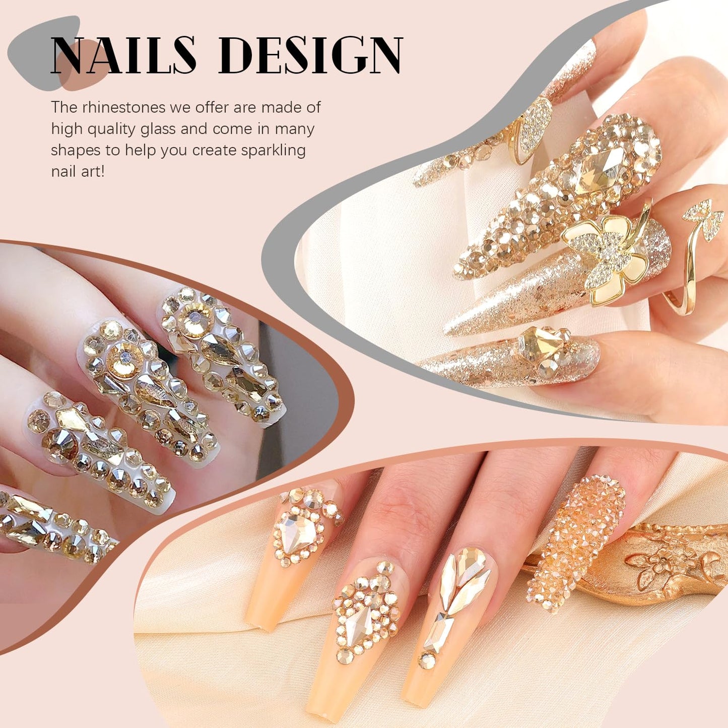 2750Pcs Champagne Gold Glass Nail Rhinestones 240Pcs Multi Shapes Flatback Gems Crystal+2510Pcs 1.5-4mm Round Beads, Manicure Diomand Jewelry Gemstones for Nail Design Makeup Acrylic Nails Decoration