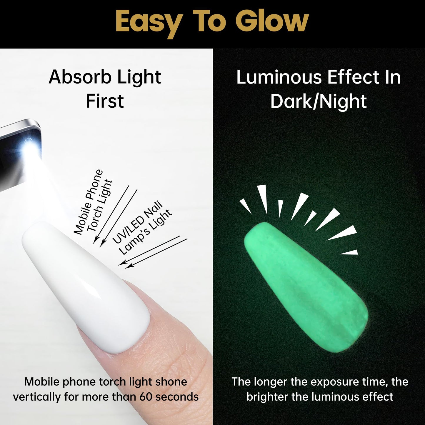 YTD Likomey Glow in the Dark Gel Nail Polish,15ml White Green Luminous Glow Effect UV Nails Gel,Fluorescent Bright Neon Shiny Salon Home DIY UV Manicure Nail Art Varnish,YG379