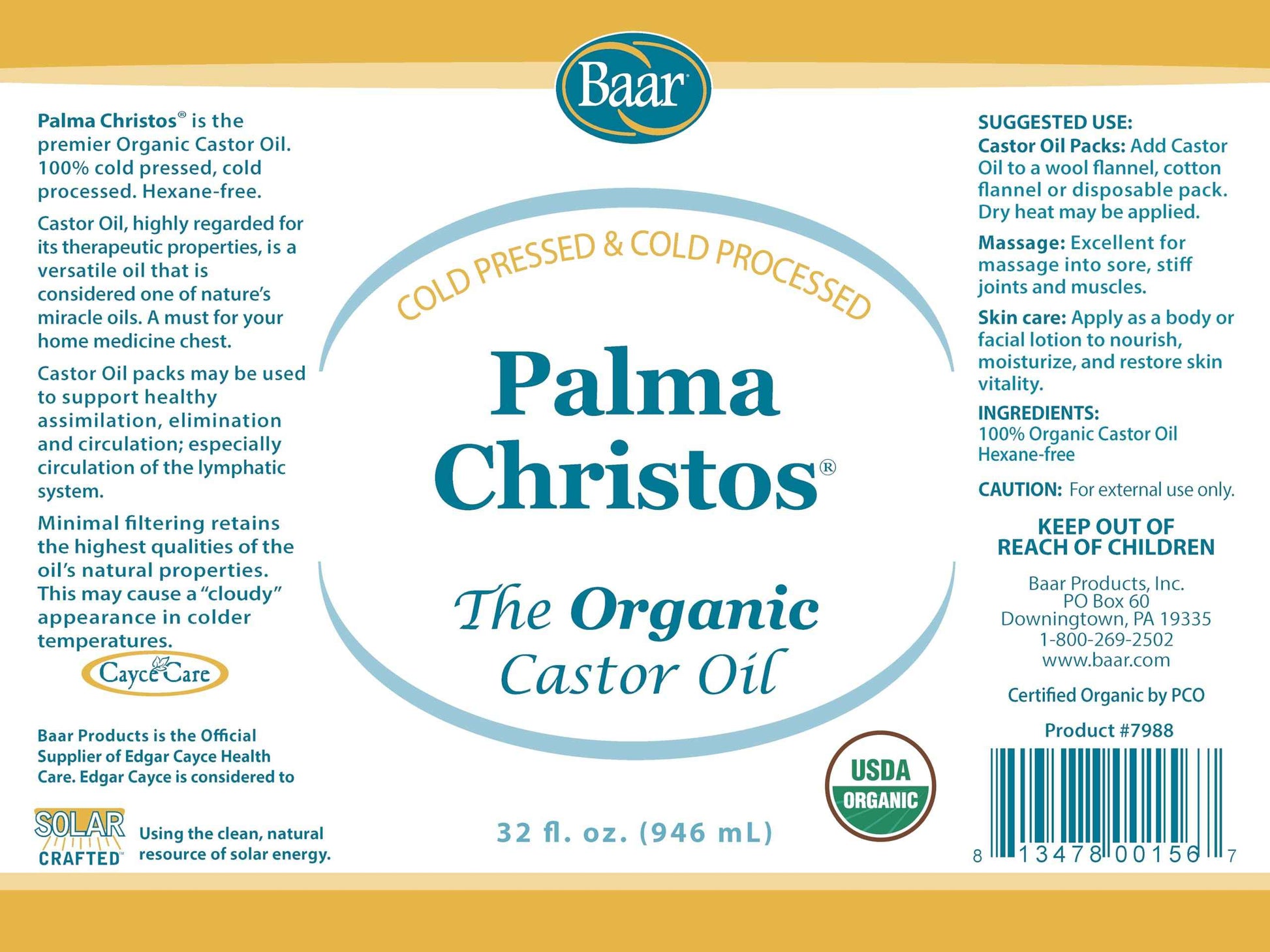 Baar Palma Christos Organic Castor Oil Products, Cold-Pressed, Hexane-Free, USDA Certified, for Skin, Hair, Massage & Castor Oil Packs, 32 oz