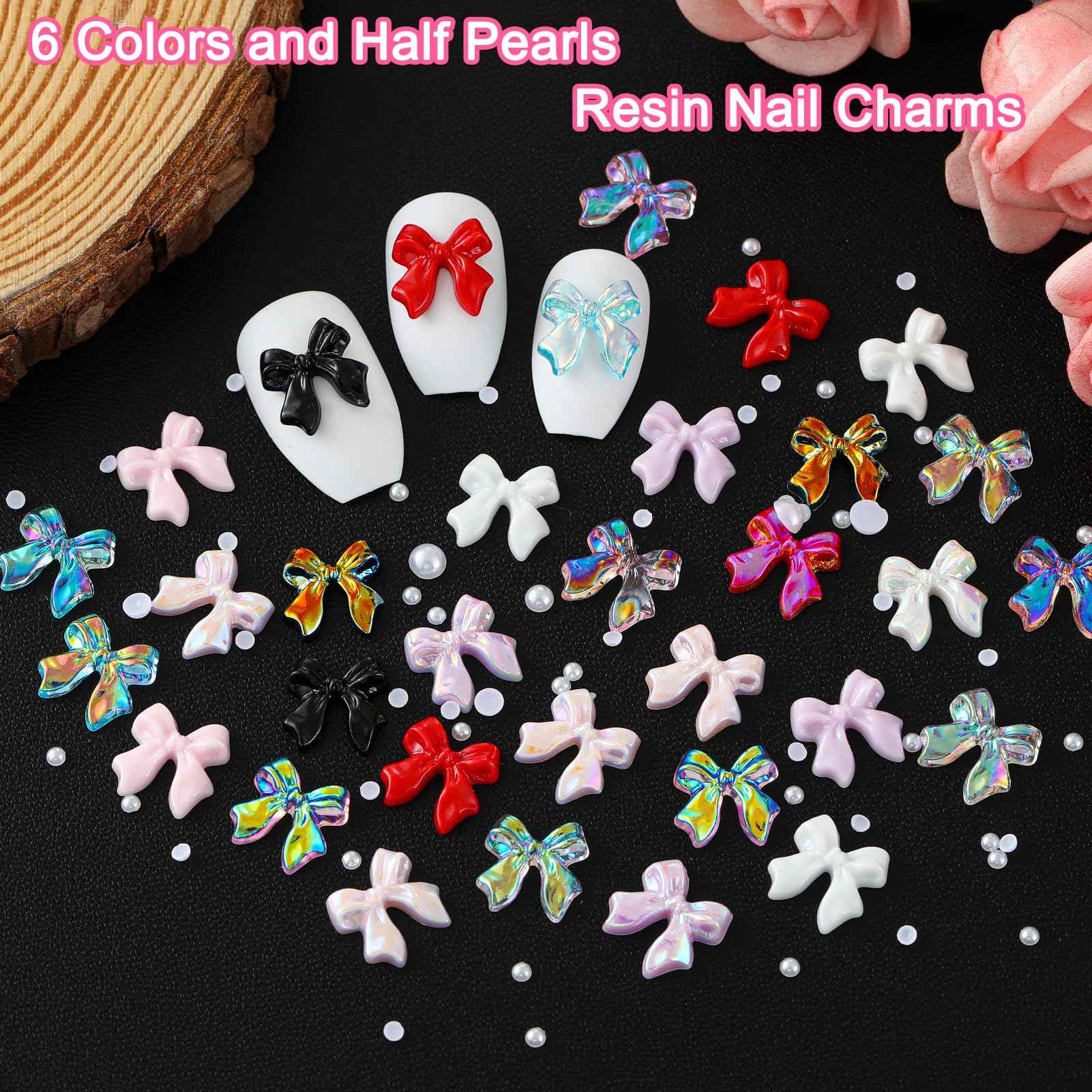 ZUMILLMN Bow Nail Charms, 6-Color 3D Nail Charms Bulk and Half Pearls for Nail Art Charms and Y2K Charms for Nails Design for Women Girl DIY Jewelry Cellphone Crafts