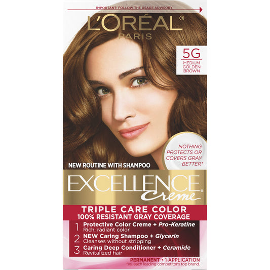 L'Oreal Paris Excellence Creme Permanent Triple Care Hair Color, 5G Medium Golden Brown, Gray Coverage For Up to 8 Weeks, All Hair Types, Pack of 1