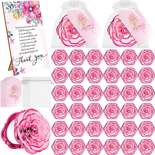 DDETYM 36 Sets Rose Compact Mirrors Bulk Quinceanera Party Favors for Guests Rose Mirrors Thank You Tags Organza Bags Wedding Sign for Bridal Wedding Shower Favors(Pink)